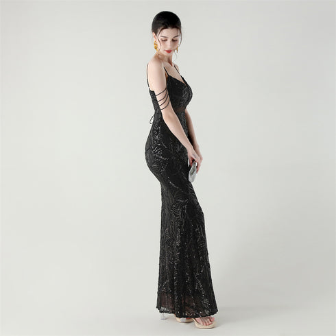 Graceful Sequin Embellished Mesh Mermaid Maxi Dress